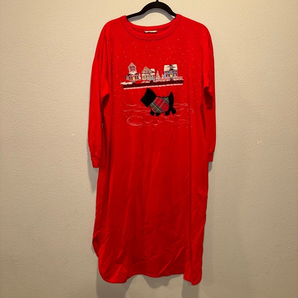 Other - Red Long Sleeve Nightgown Cute Scottie Dog Winter Village Print Sleepshirt Women